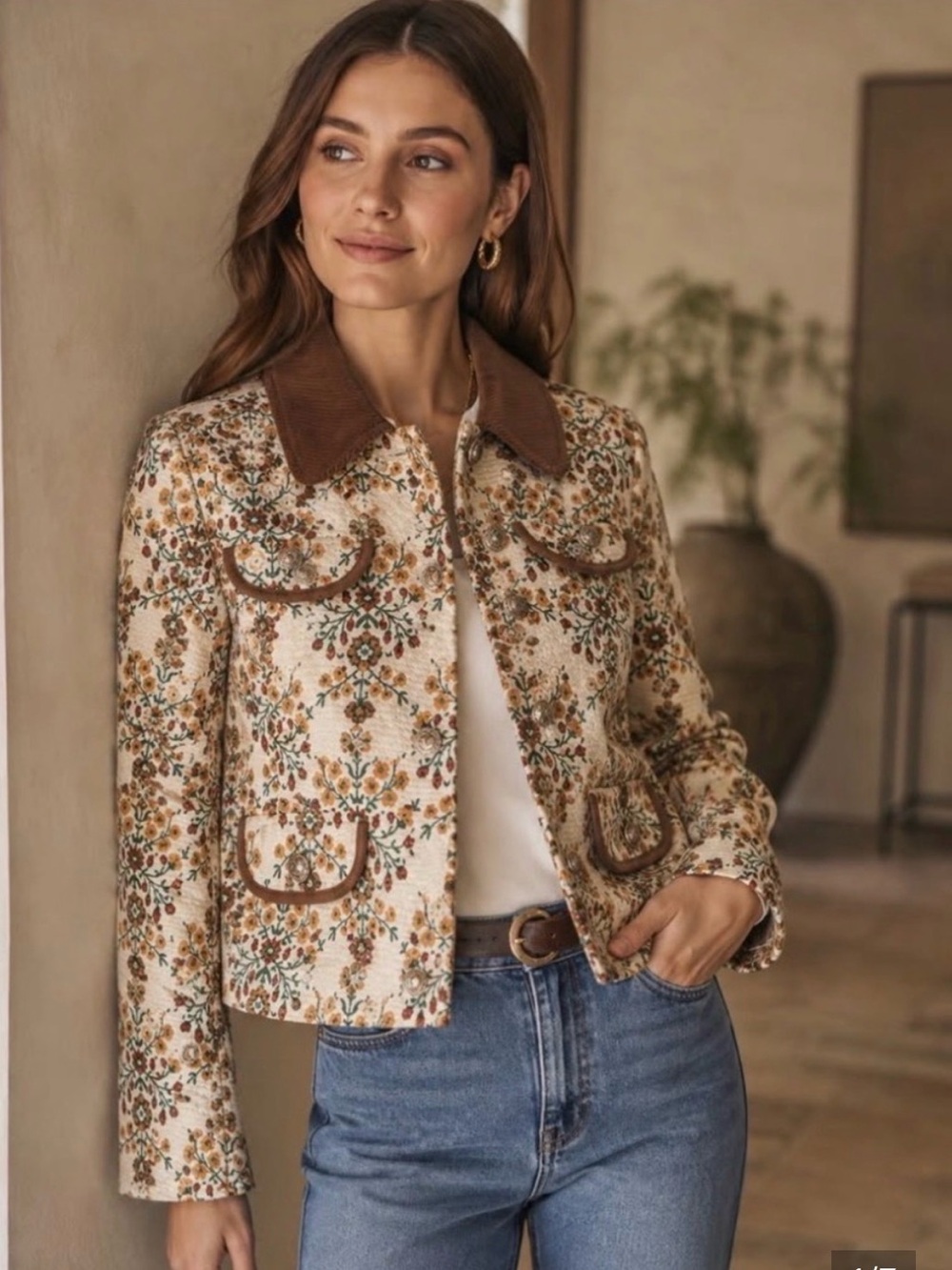 Avec Les Filles Cream Floral Tapestry Jacket with Brown Collar